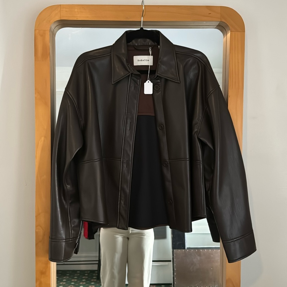 Babaton brown leather shirt jacket